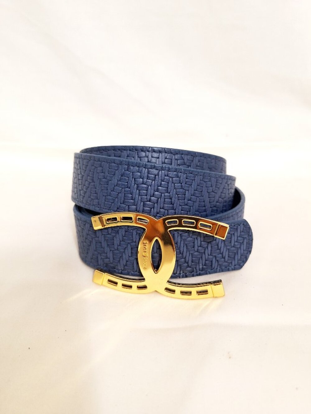 STYLE STOCK Horseshoe Buckle Belt M Blue Leather Woven Grain